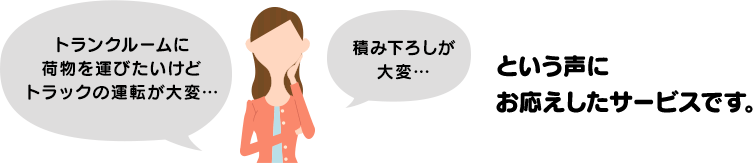 トランクルームに荷物を運びたいけどトラックの運転が大変、積み下ろしが大変　という声にお応えしたサービスです。